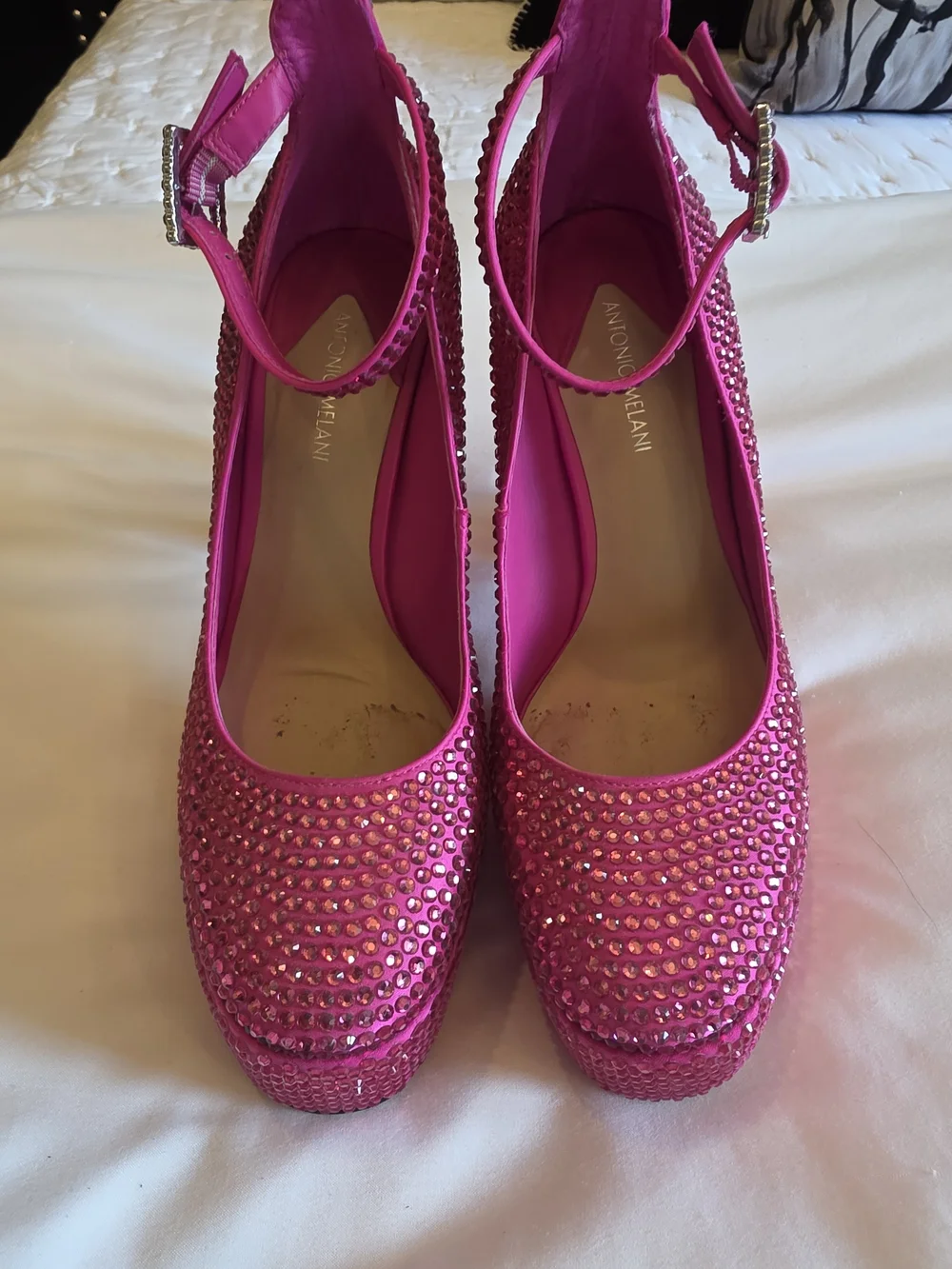 Pink Jeweled Platform Ankle-Strap Heels